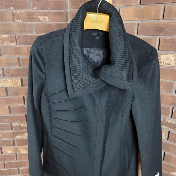 Calvin Klein black wool zip pea coat, sweater detail collar, petite 12 - Picture 4 of 12